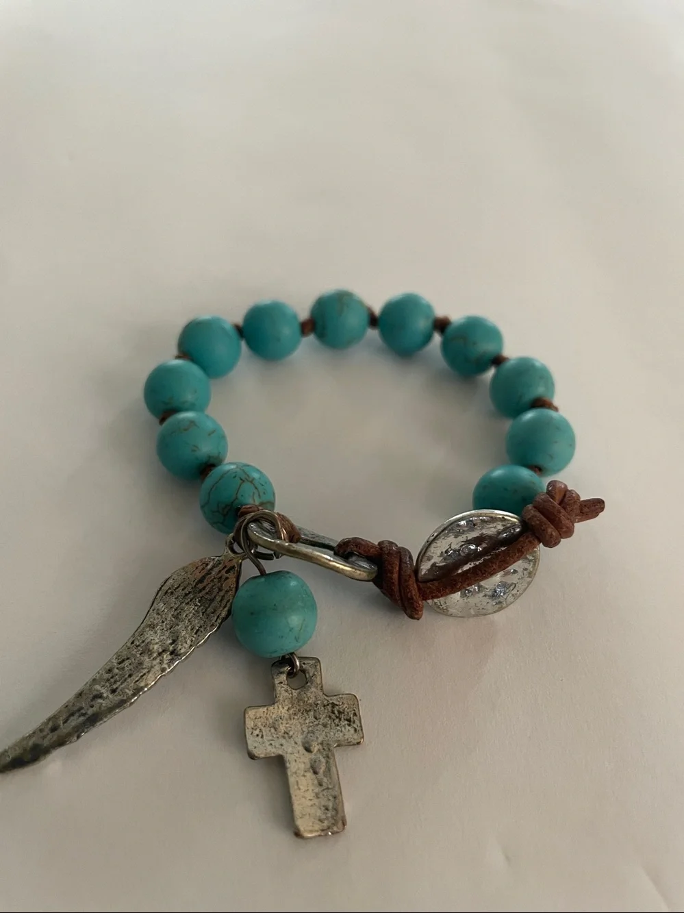 Turquoise Beaded Bracelet-Angel Wing/Cross Silver/Leather X/S